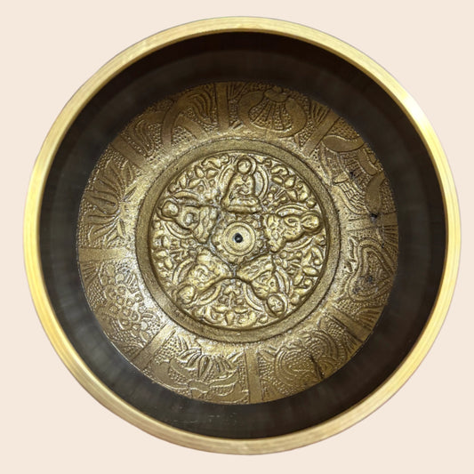 Large Black Painted Brass Singing Bowl with 5 Buddhas