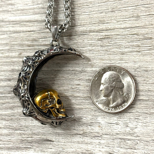 Crescent Moon w/ Gold Skull Stainless Steel Necklace