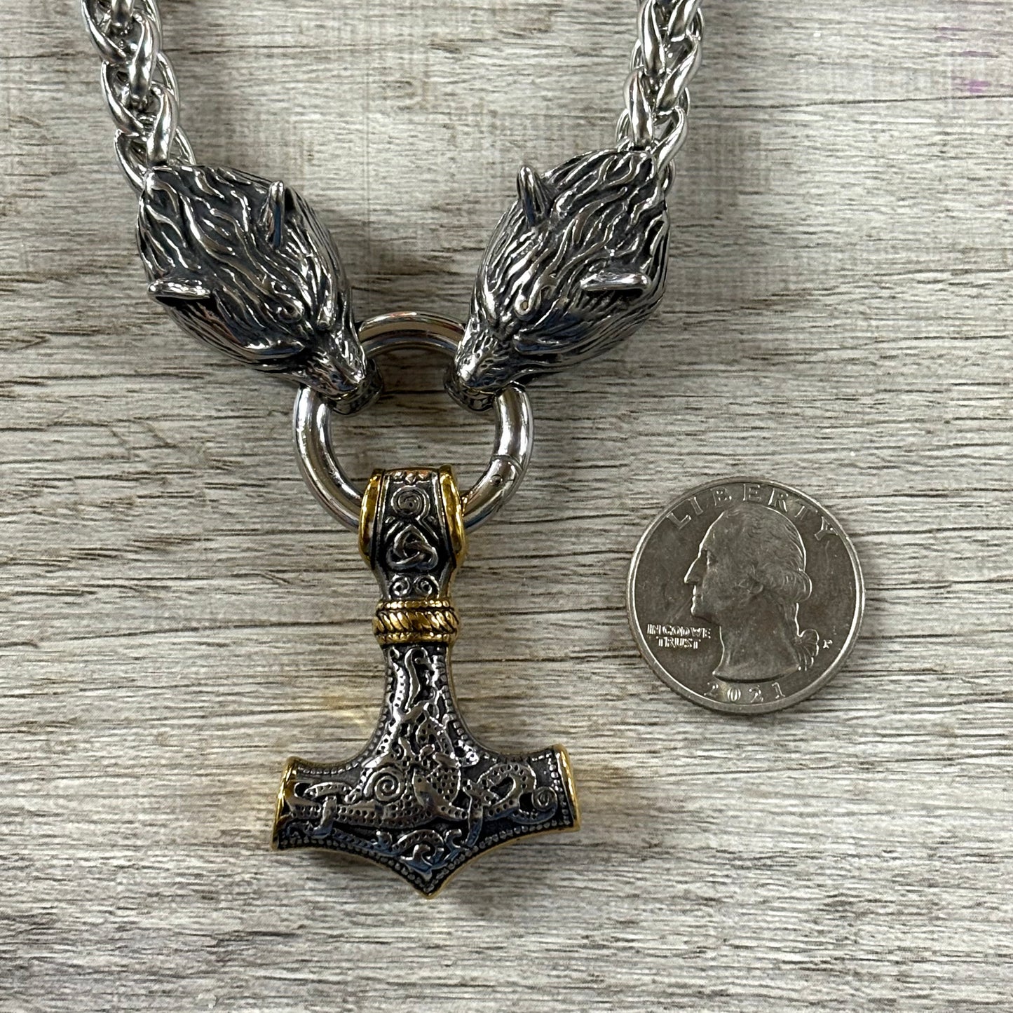 Thor's Hammer w/Gold and Wolves Chunky Stainless Steel Necklace