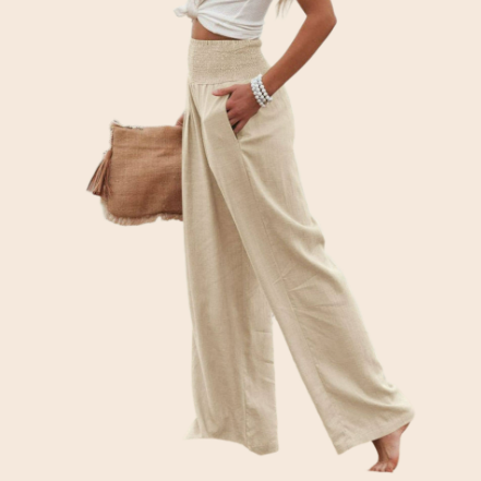 Cotton Linen Blend Smocked Waist Pants