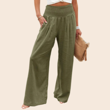 Cotton Linen Blend Smocked Waist Pants