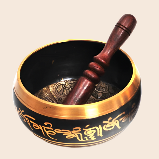 Large Black Painted Brass Singing Bowl with 5 Buddhas