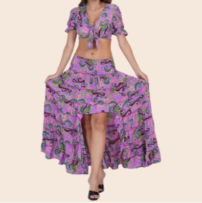 Silk Tie Crop Top and High-Low Skirt Matching Set