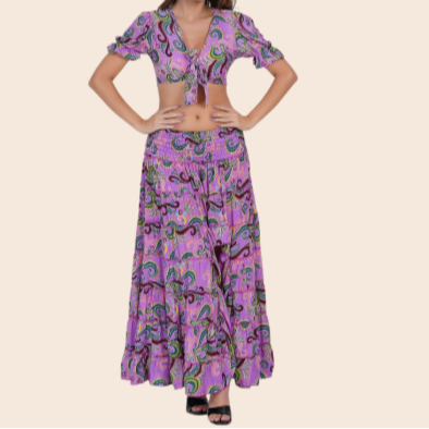 Silk Tie Crop Top and High-Low Skirt Matching Set