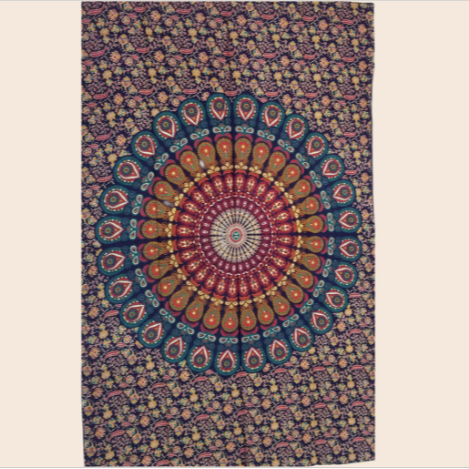 Multicolored mandala tapestry on a beige background