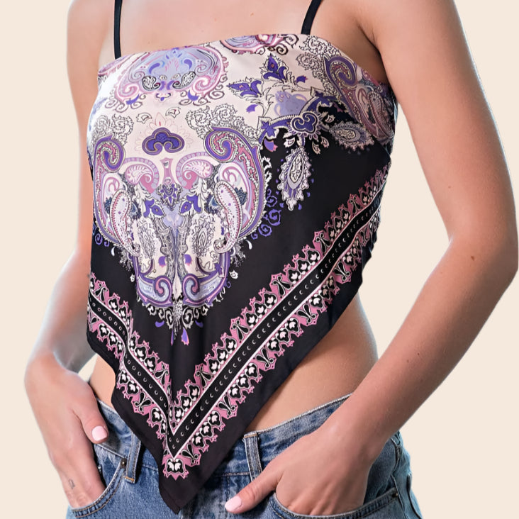 Smocked Bandana Print Scarf Top