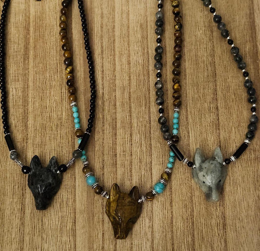 Gemstone Wolf Beaded Necklaces