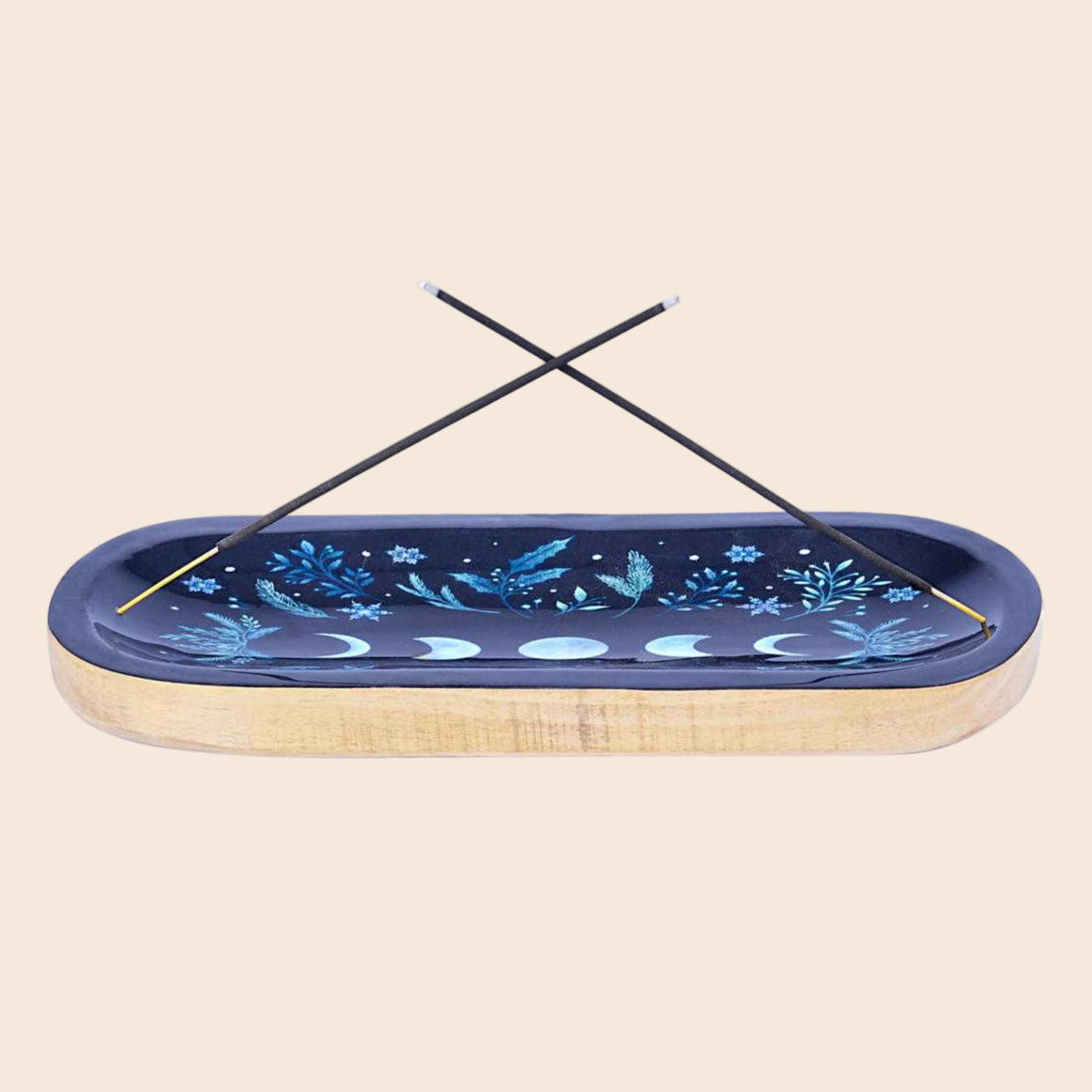 Moon Phase Wood Boat Incense Burner