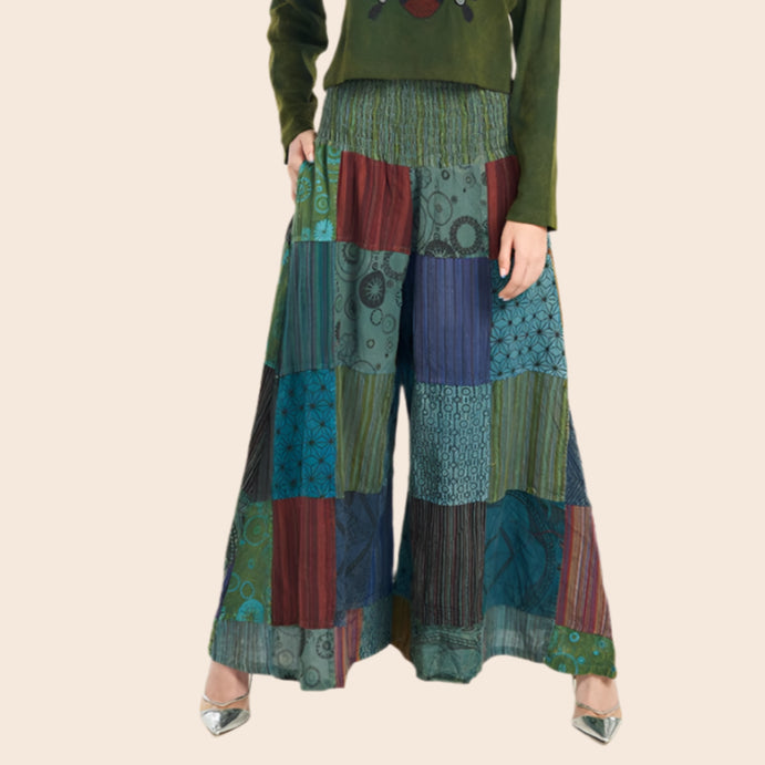 Smocked Waist Patchwork Palazzo Pants