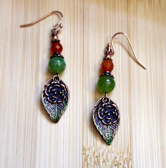 Jade and Carnelian Copper Leaf Earrings