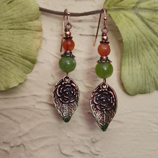 Jade and Carnelian Copper Leaf Earrings