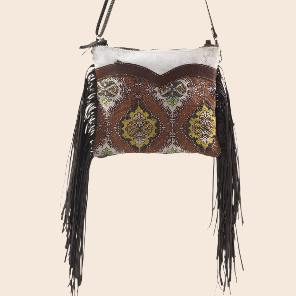 Brown Crossbody With Fring Fur Canvas And Zipper Closure
