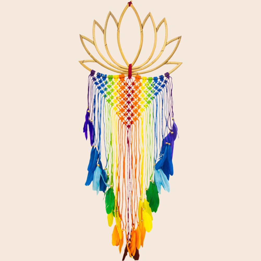 Bamboo Wall Hanging Boho Lotus w/ Macrame Chakra