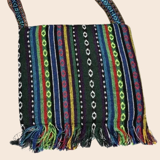 Huipil Floral Wood Fringe Tapestry Crossbody Bag