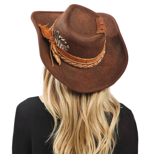 Distressed Band with Feather Cowgirl Fedora Hat