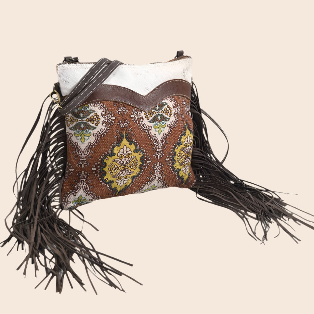 Brown Crossbody With Fring Fur Canvas And Zipper Closure