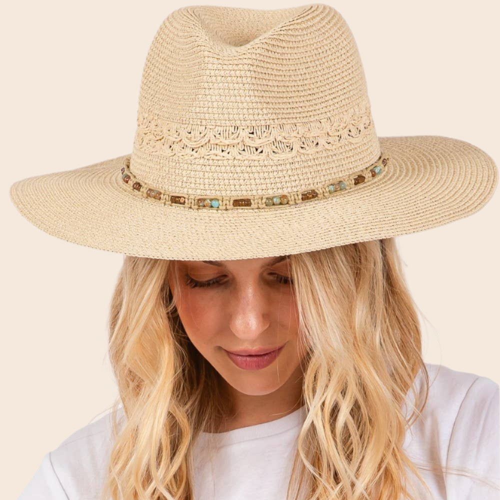 Woven Beaded Band Straw Sun Hat