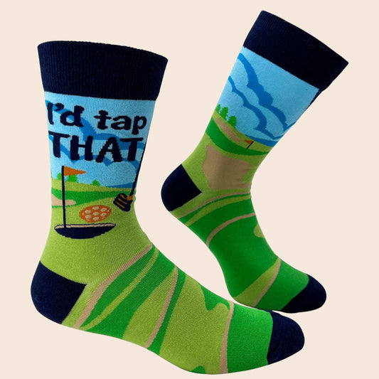Golf-themed socks with a humorous saying on a white background
