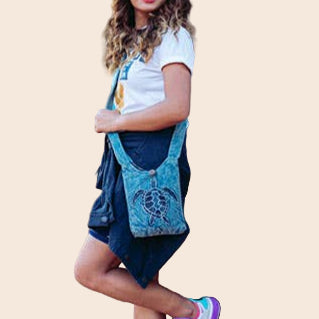 Blue Stonewash Crossbody with Embroidered Sea Turtle Design