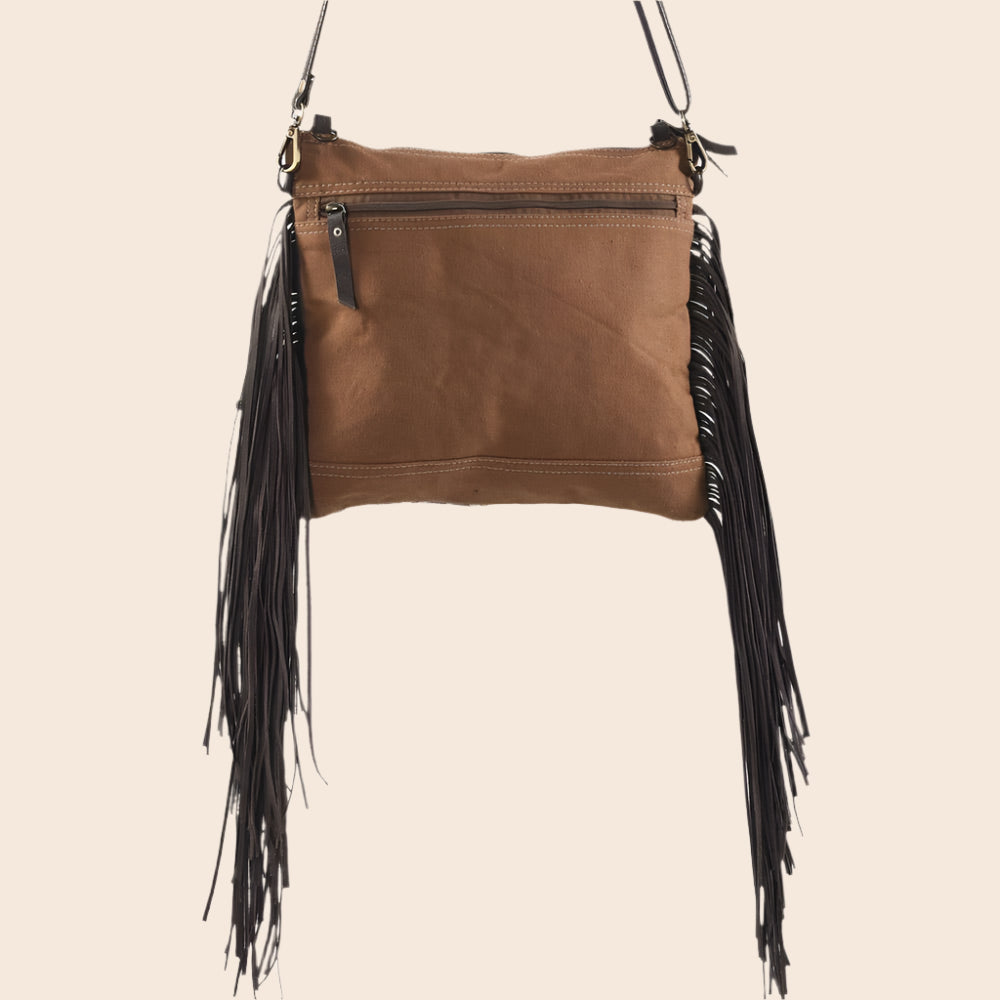 Brown Crossbody With Fring Fur Canvas And Zipper Closure