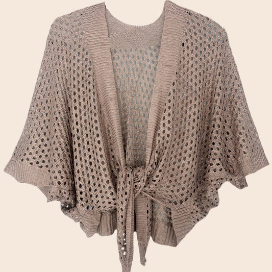 Eyelet Open-Knit Metallic Cardigan with Front Tie