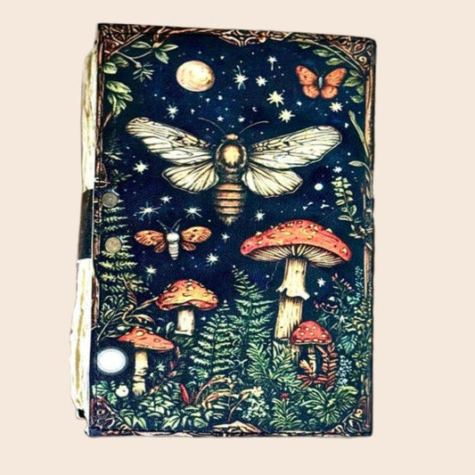 Leather Journal Blank Vintage Notebook with Mushroom Print