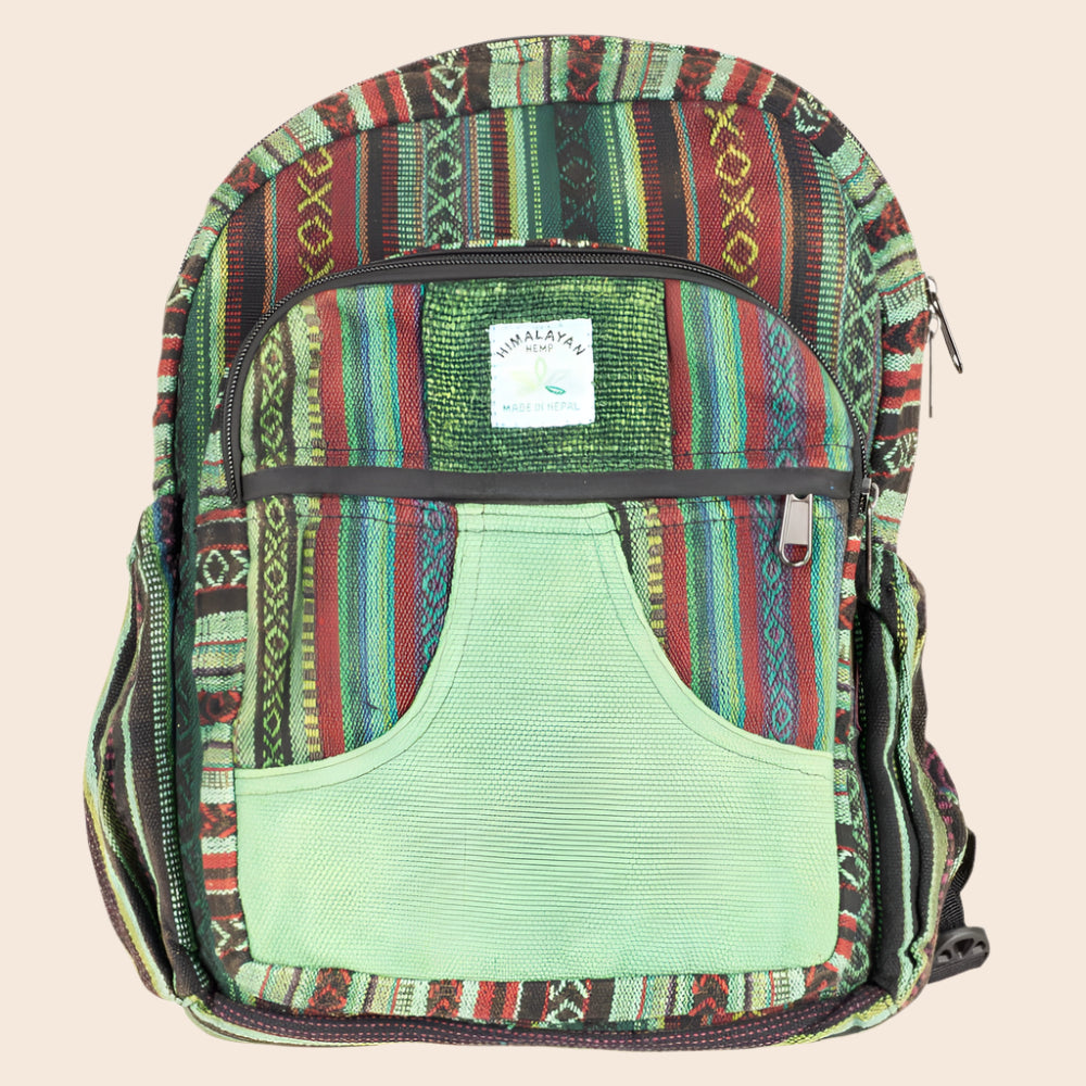 Multicolored striped backpack with a visible brand label on a white background
