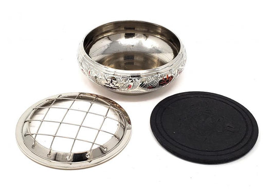 Silver Finish Engraved and Painted Brass Charcoal Burner