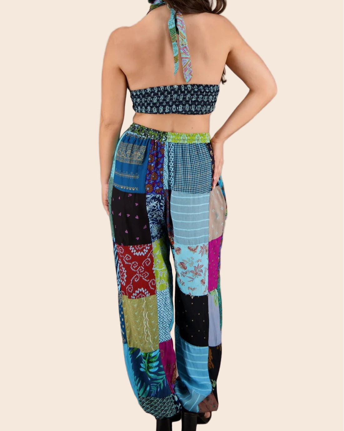 Patchwork Halter Top and Harem Pants Matching Set