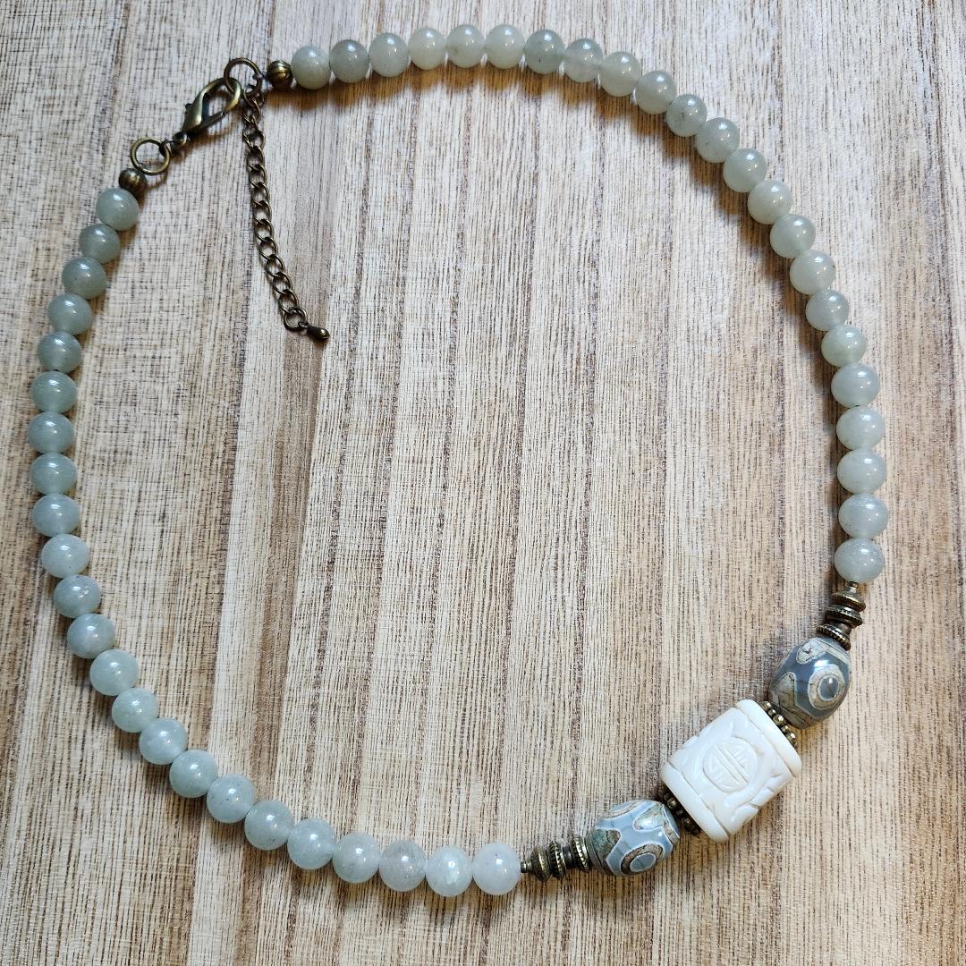 Tiger Eye, DZI, and Carved Coral Necklace