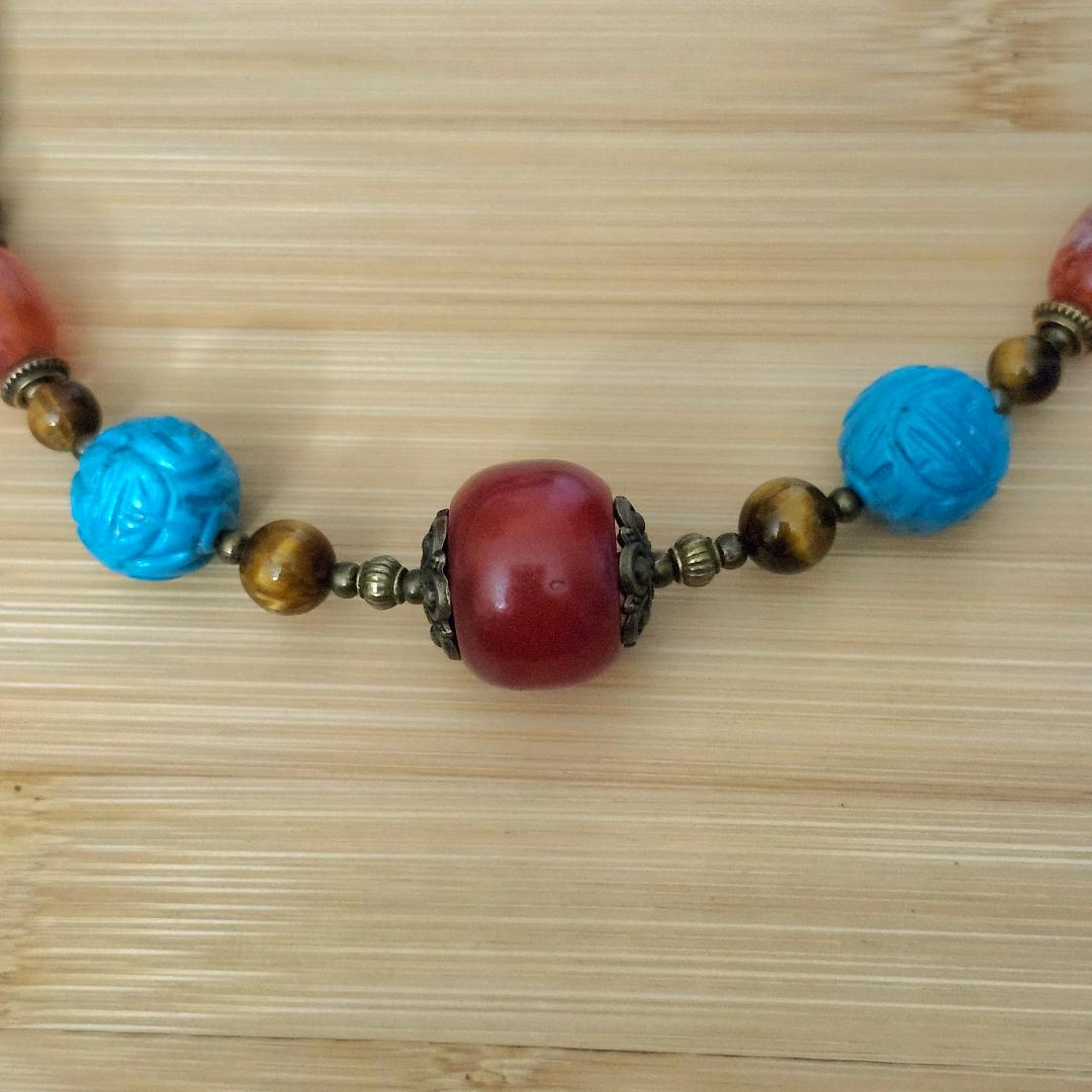 Carved Turquoise, Fire Agate , and Horn Necklace