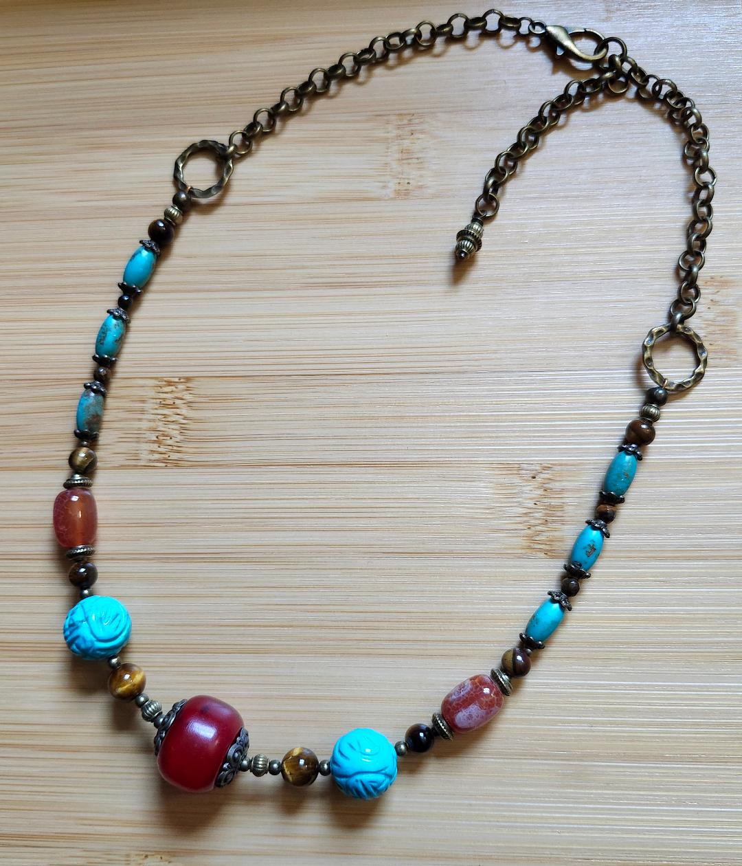 Carved Turquoise, Fire Agate , and Horn Necklace