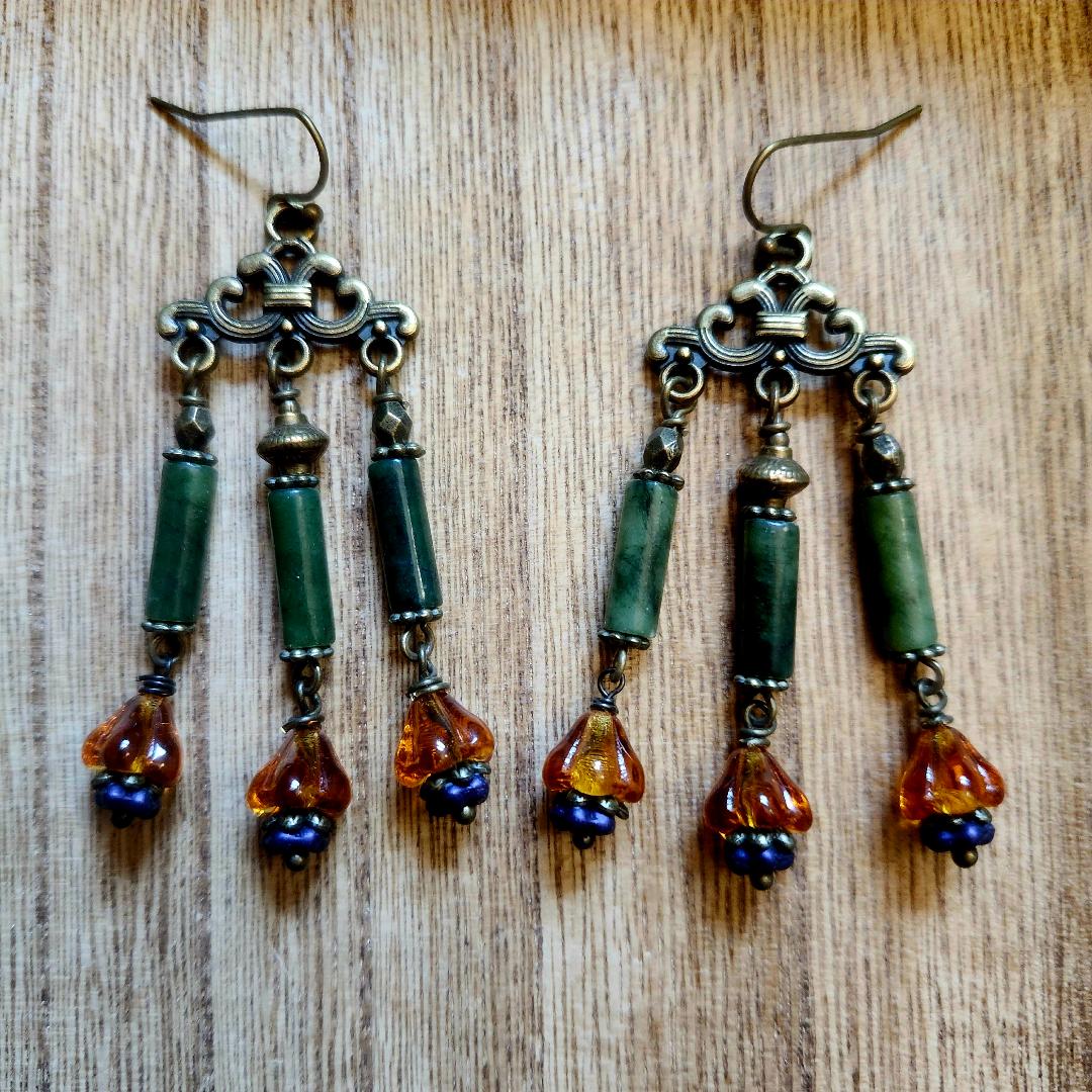 Jade Earrings with Tiny Glass Flowers