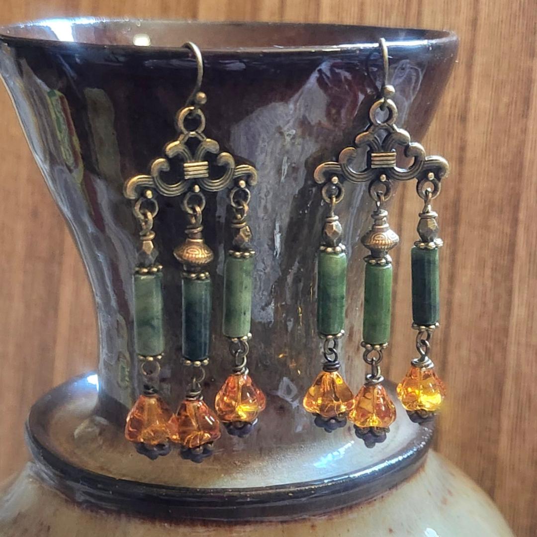 Jade Earrings with Tiny Glass Flowers
