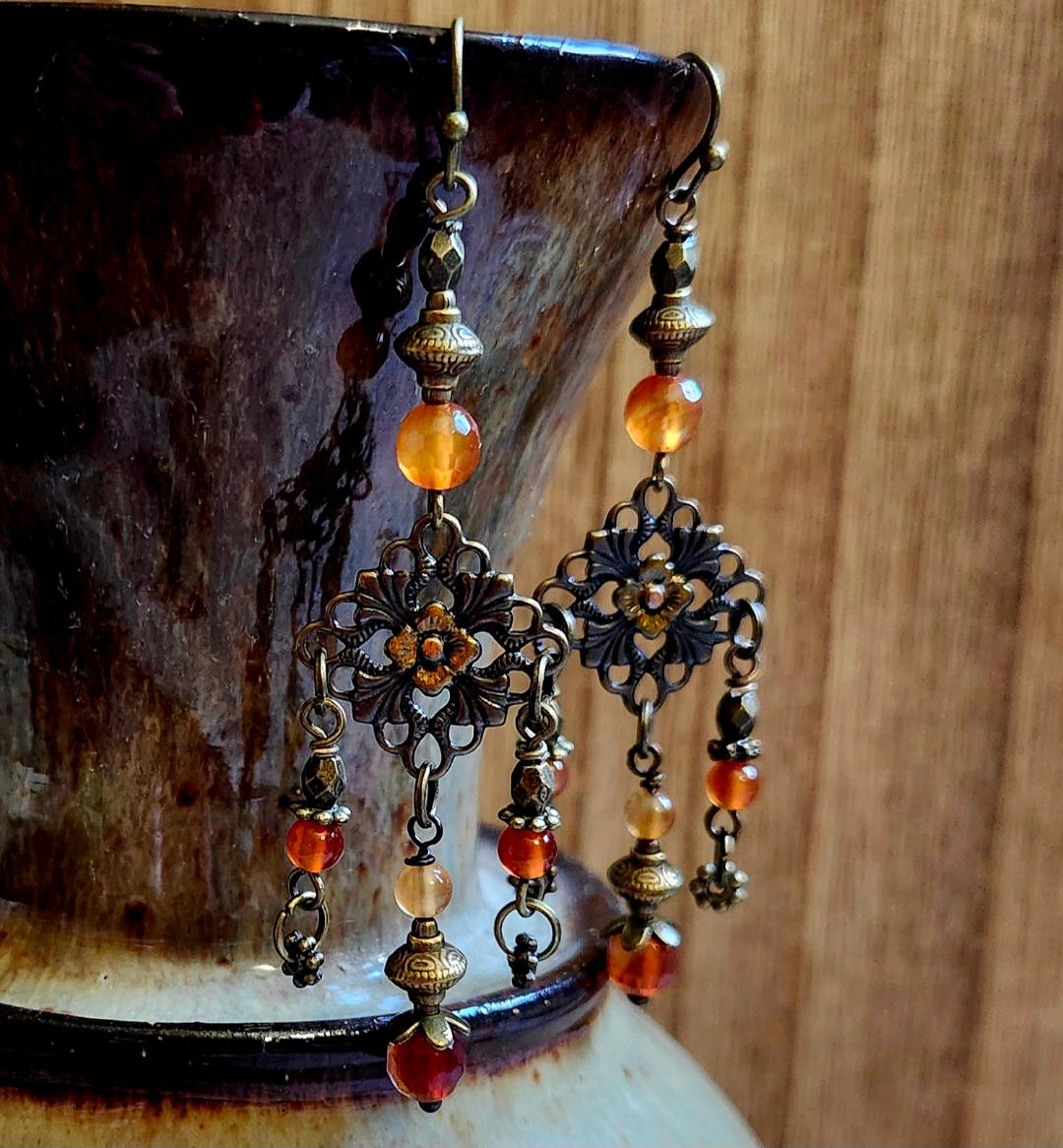 Carnelian, Filagree, Boho Earrings