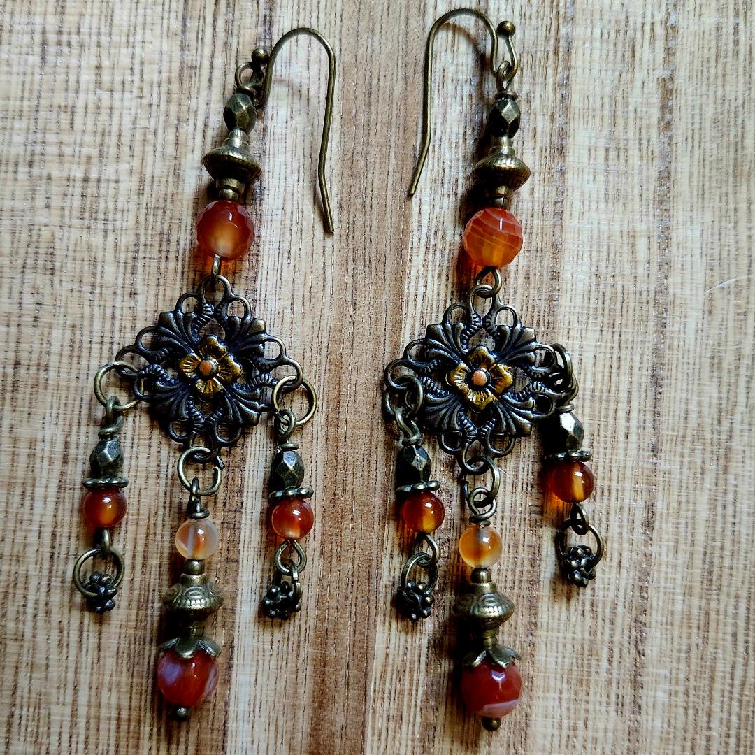 Carnelian, Filagree, Boho Earrings