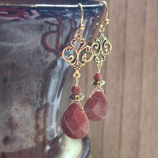 Goldstone and Filigree Earrings