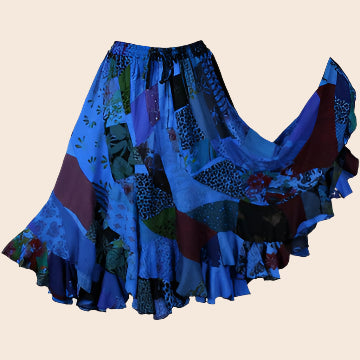 Blue Patchwork Long Swirl Skirt