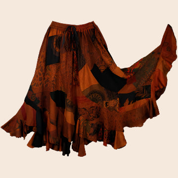 Long, patterned skirt with ruffled edges on a white background