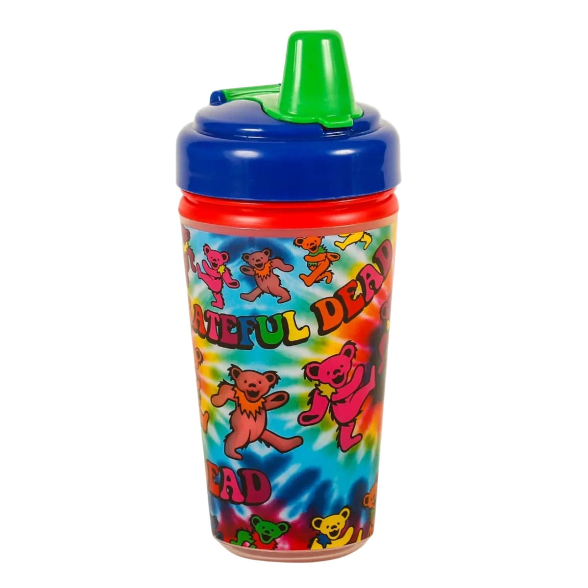 Colorful sippy cup with Grateful Dead bear design on a beige background