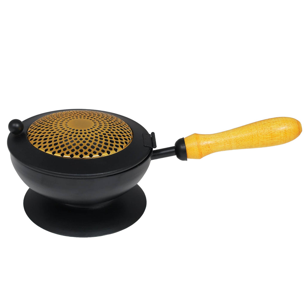 Iron Charcoal Incense Burner W/ Lid & Wooden Handle