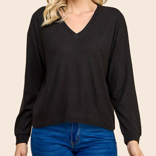 V-Neck Brushed Rib Long Sleeve Top