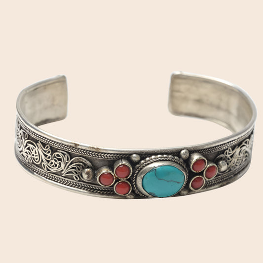 Silver Turquoise Ornamental Cuff Bracelet