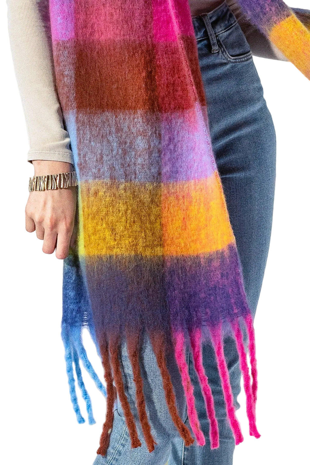 Checkered Fuchsia Fringe Scarf
