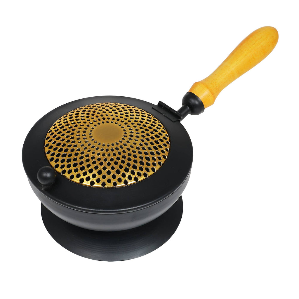 Iron Charcoal Incense Burner W/ Lid & Wooden Handle