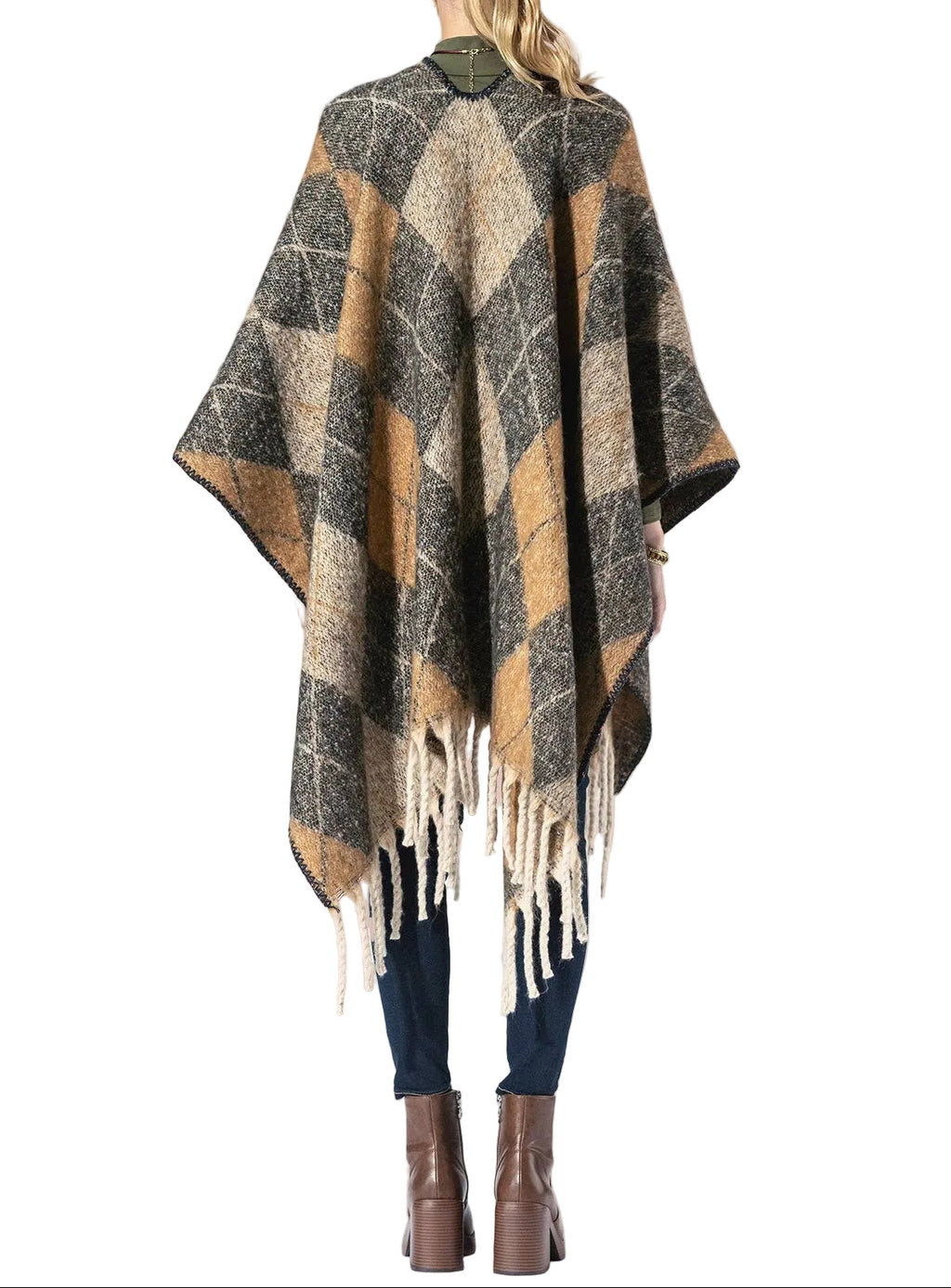 Argyle Pattern Fringe Kimono