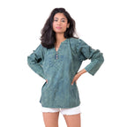 Button V-Neck Shirt, Cotton Acid Wash Long Sleeve
