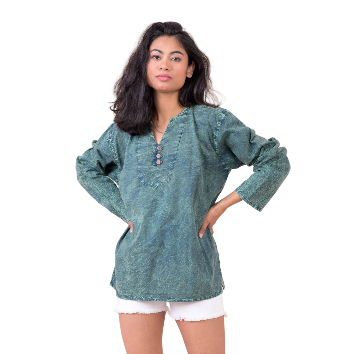 Button V-Neck Shirt, Cotton Acid Wash Long Sleeve