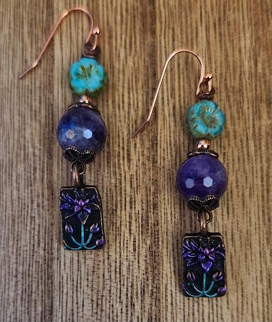 Amethyst and Pressed Glass Lotus Earrings