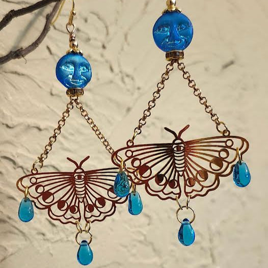 Czech Pressed Glass Moth and Moon Earrings